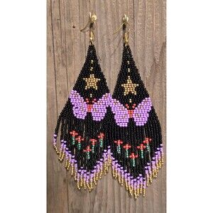 Handmade Beaded Earrings Drop / Dangle Fun Accessory 6" Drop Black w/Butterfly